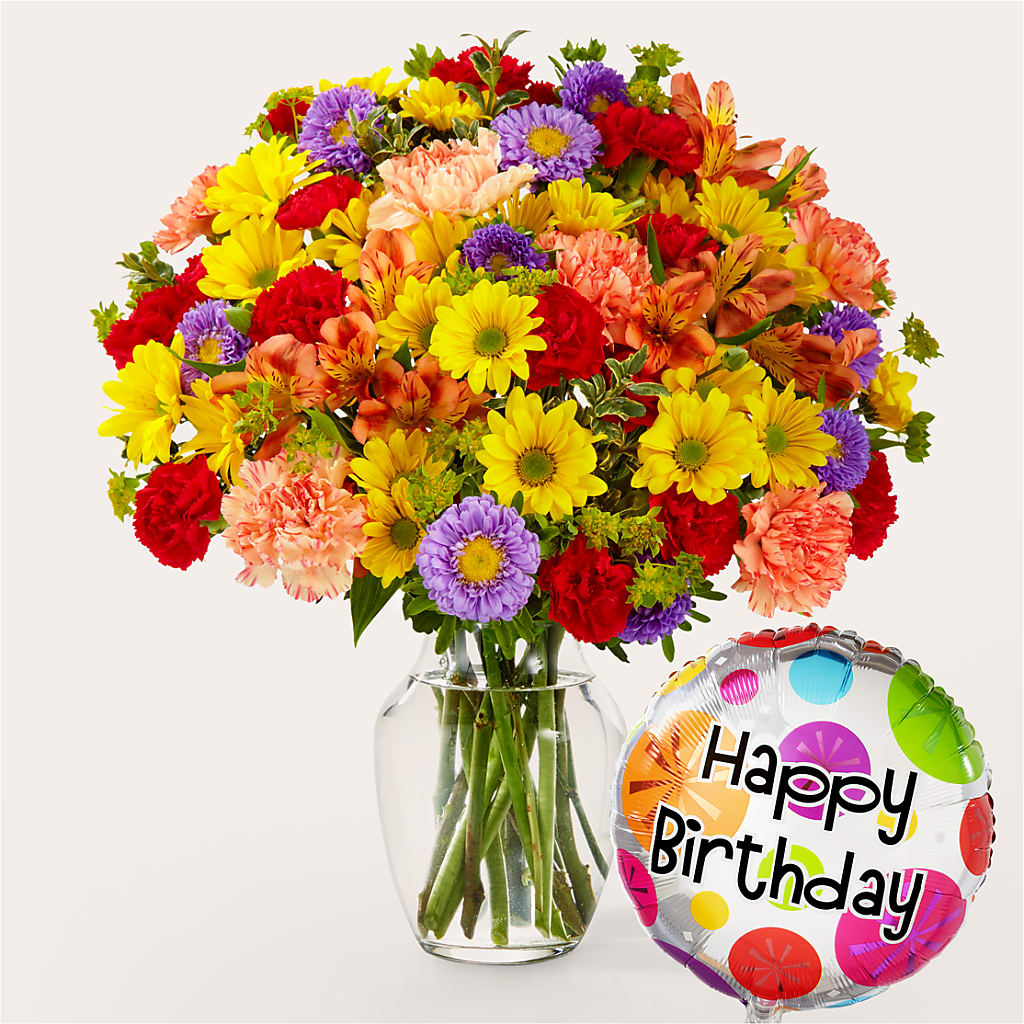 Kaleidoscope Bouquet with Birthday Balloon – Lupita Flowers, Novato CA