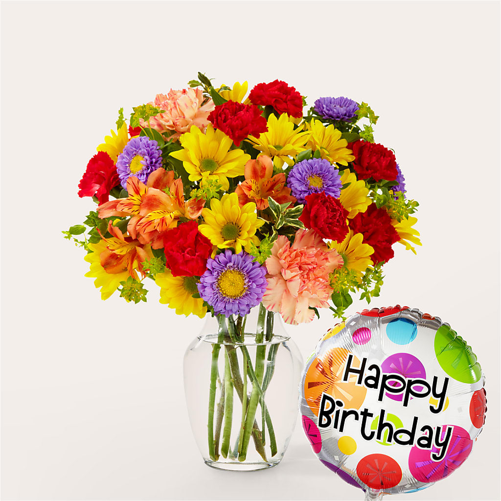 Kaleidoscope Bouquet with Birthday Balloon – Lupita Flowers, Novato CA