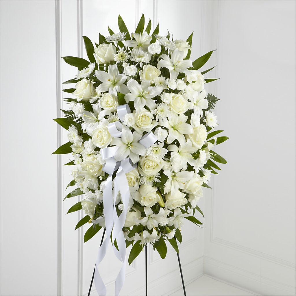 Exquisite Tribute Standing Spray-White Ribbon – Lupita Flowers, Novato CA