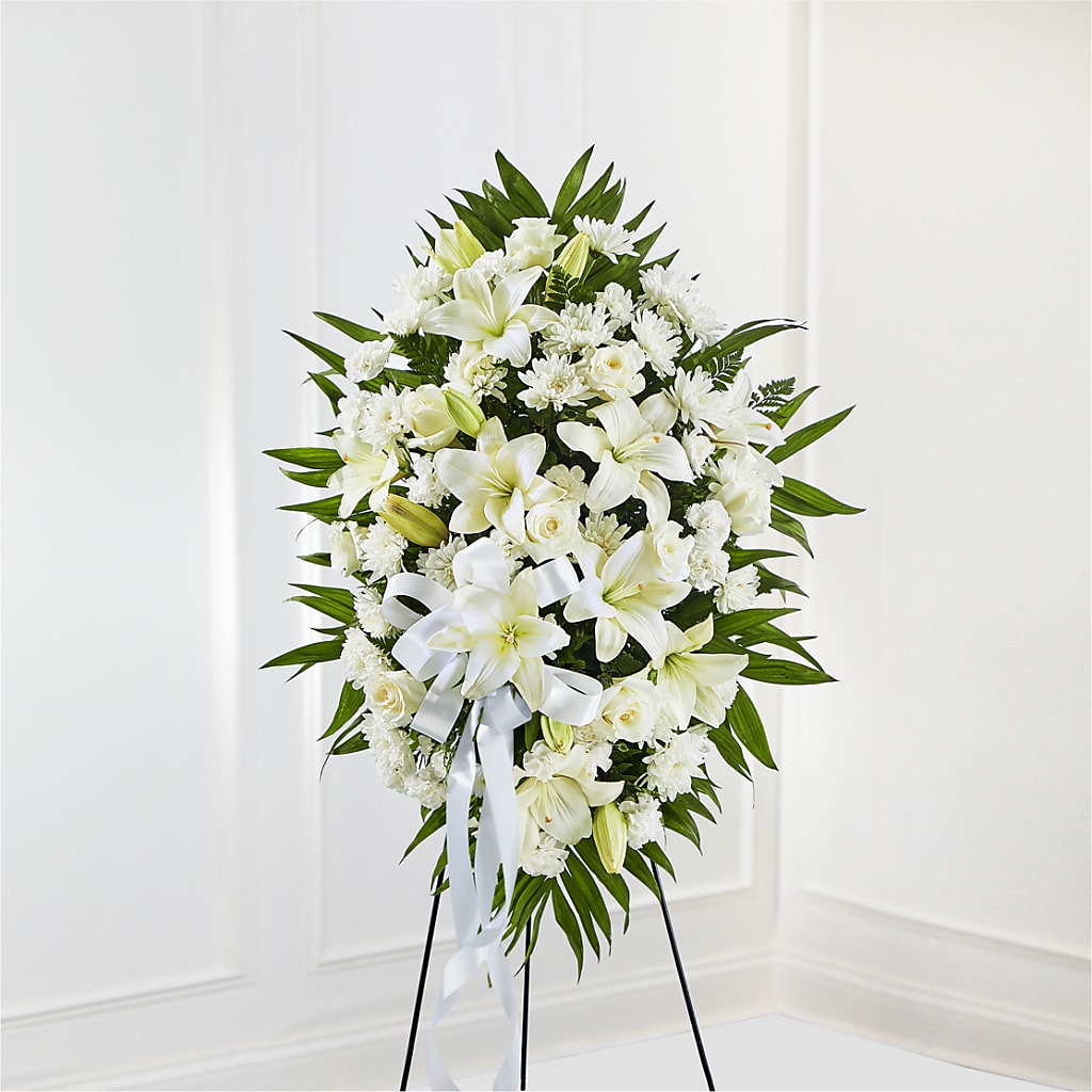 Exquisite Tribute Standing Spray-White Ribbon – Lupita Flowers, Novato CA