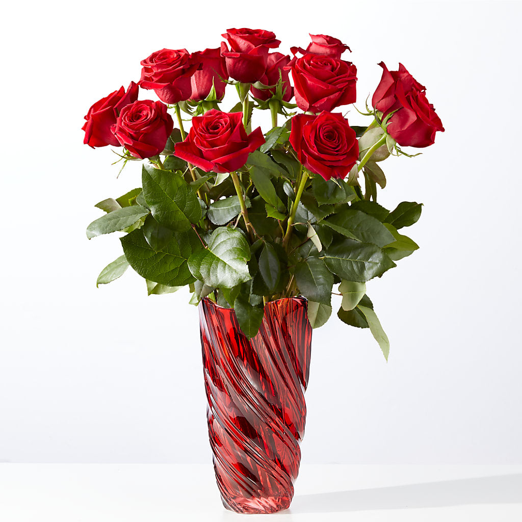 Classic Love Red Rose Bouquet with Luxe Swirl Vase – Lupita Flowers, Novato CA