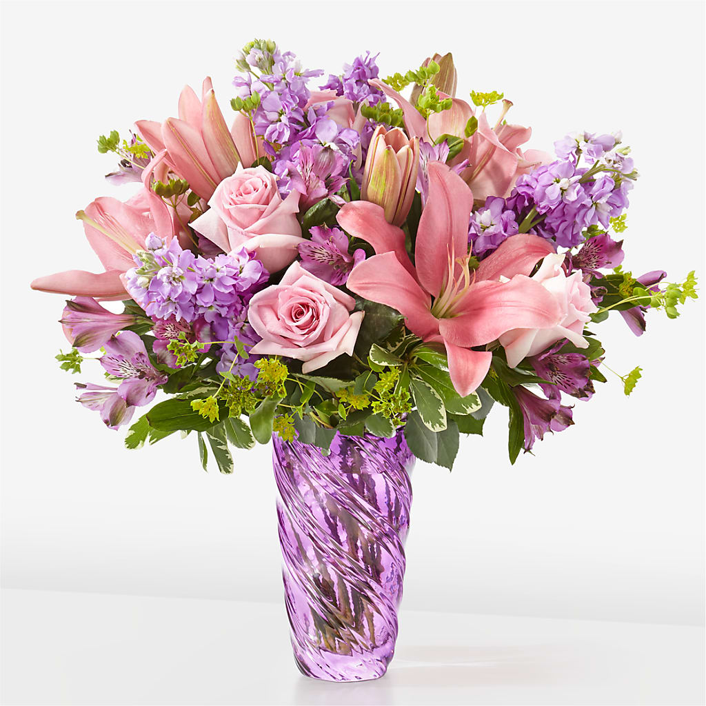 Precious Petals Bouquet with Luxe Swirl Vase – Lupita Flowers, Novato CA