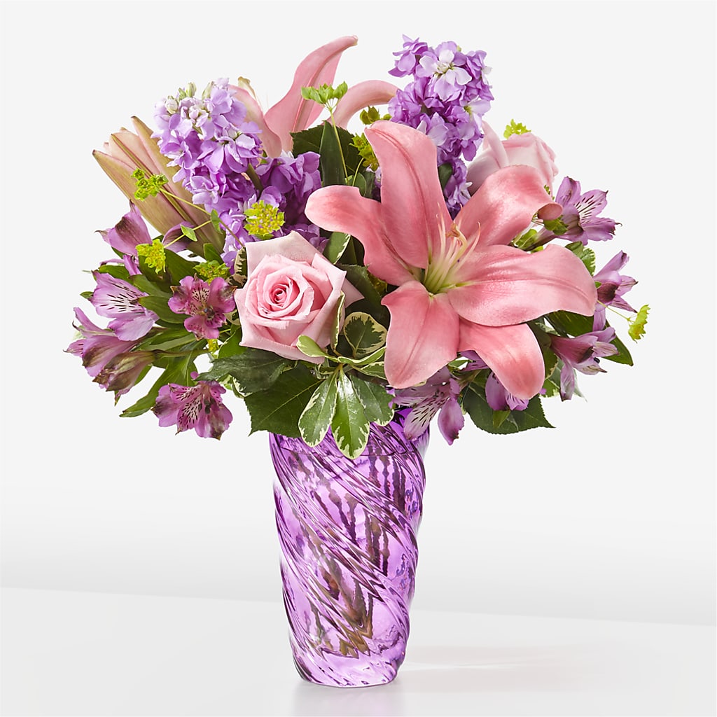 Precious Petals Bouquet with Luxe Swirl Vase – Lupita Flowers, Novato CA
